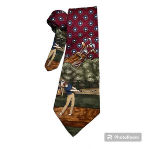 Spencer&Lowe Mens Tie Full Swing Golfer Novelty Print Maroon 100% Imported Silk